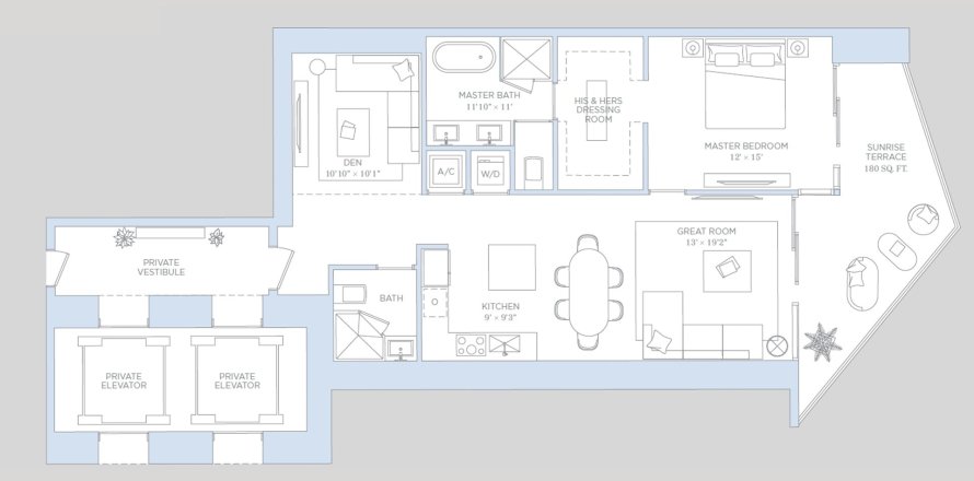 Планировка Квартиры «1BR-1» 1 спальня в ЖК Baccarat Brickell
