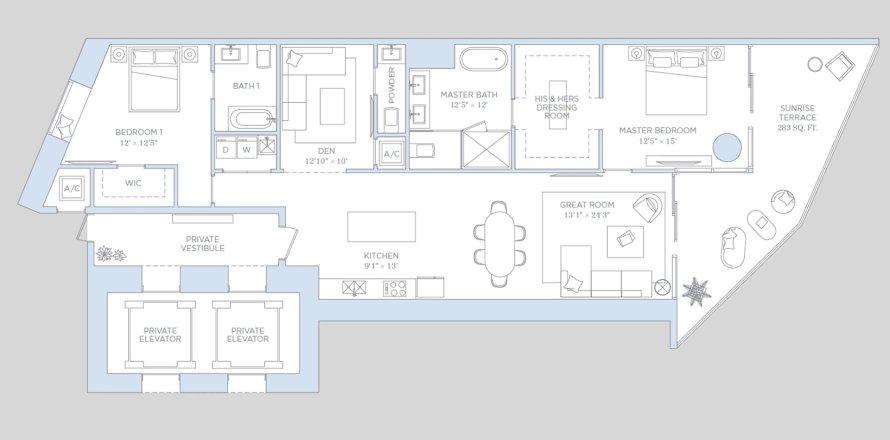 Планировка Квартиры «2BR-3» 2 спальни в ЖК Baccarat Brickell