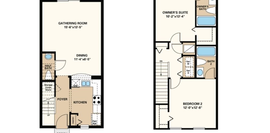 Планировка таунхауса «Townhouse» 2 спальни в ЖК Annie's Walk by Taylor Morrison