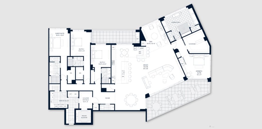 Планировка пентхауса, квартиры «416SQM» 4 спальни в ЖК ROSEWOOD RESIDENCES LIDO KEY